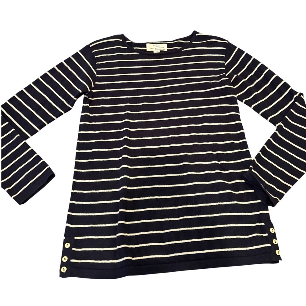 Trovata Birds of Paradis Navy White Striped Cotton Sweater Button Detail Large